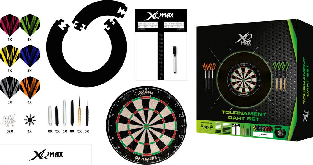 Kompletní turnajová sada XQ MAX - šipky + terč s černým okrajem + příslušenství
