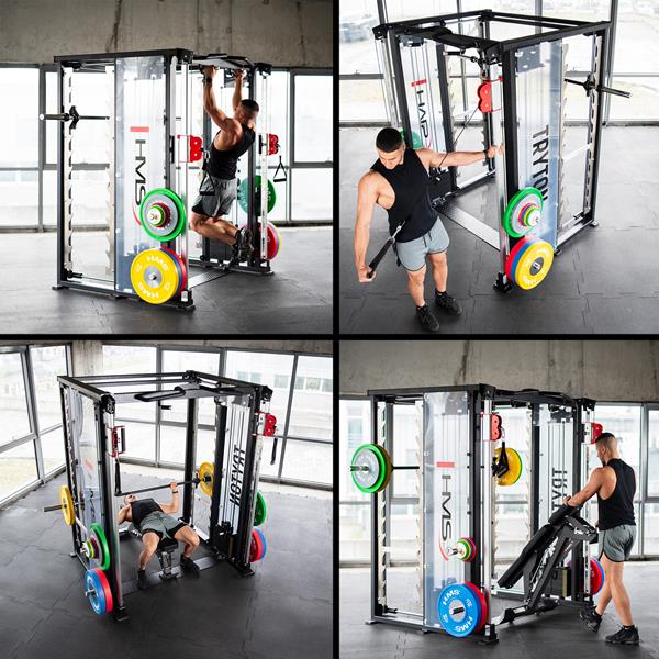 Profesionální posilovací stroj HMS TRYTON - 3D multipress a protisměrné kladky se závažím 10