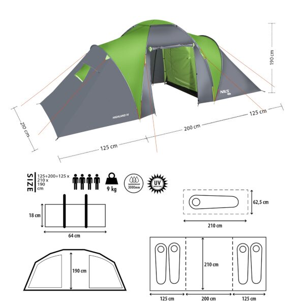 Rodinný stan NILS Camp NC6431 Highland IV zelený/šedý 8