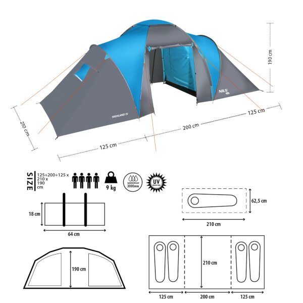 Rodinný stan NILS Camp NC6431 Highland IV modrý/šedý 8