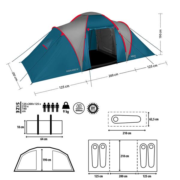 Rodinný stan NILS Camp NC6431 Highland IV modrý/světle šedý 6