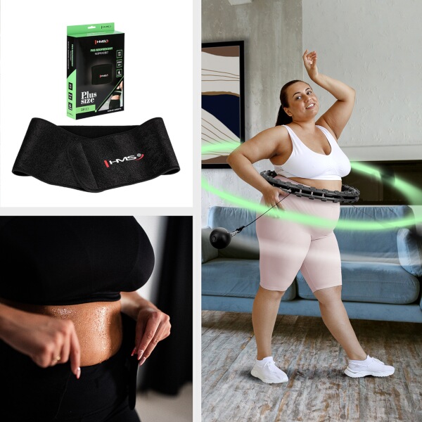 Sada černé masážní Hula Hoop se závažím HMS HHW11 a zeštíhlujícího bederního pásu HMS BR163 PLUS SIZE 9